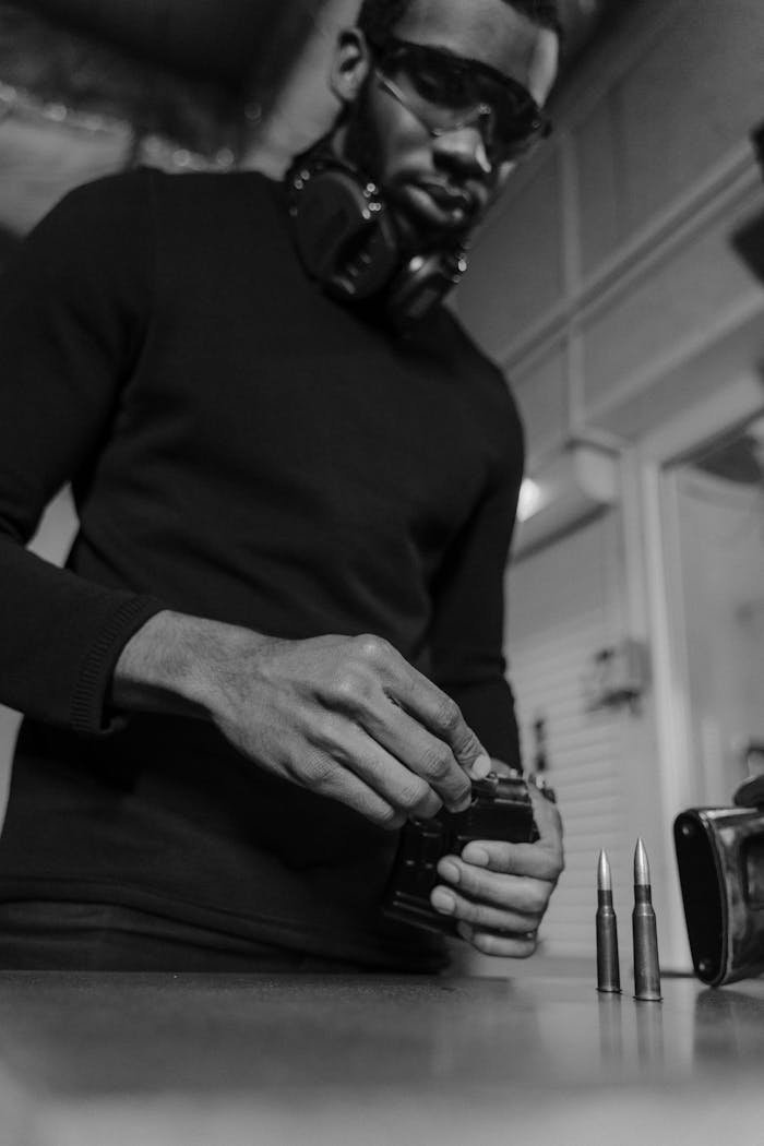Black and white image of a man reloading ammunition at an indoor shooting range.