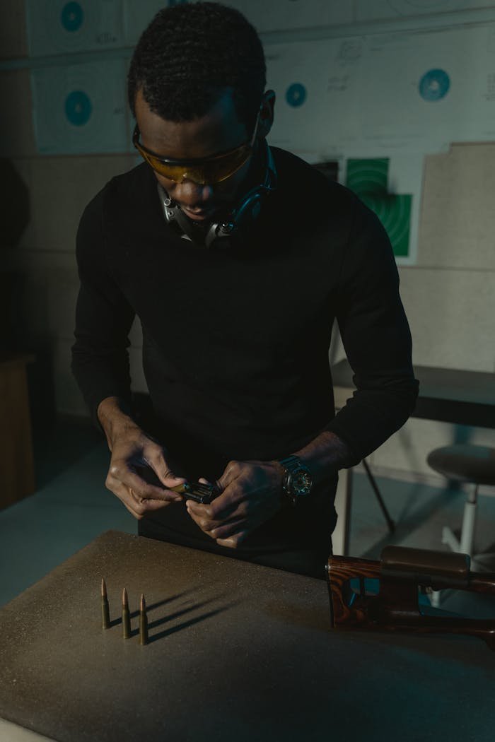 Man in a black top loading bullets into a rifle magazine indoors.
